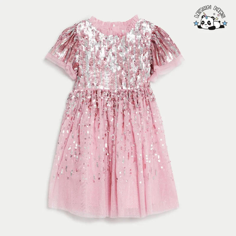 LEZONKIDS - Customizable Style Customization Gradient Color Sequin O Neck Elegant Small Girls Sequin Dresses